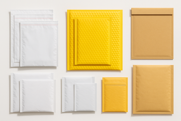 Clean product display of assorted mailers: white poly mailers, yellow bubble mailers, stay flat mailers, and self-seal padded envelopes, all arranged neatly on a white background with soft shadows. High-quality e-commerce style photography